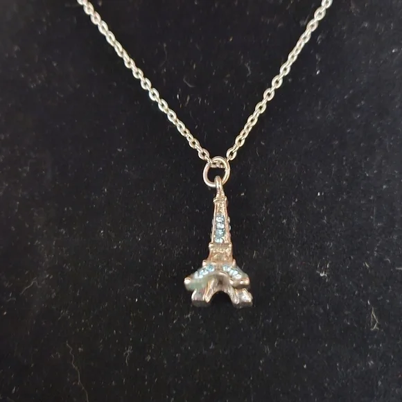 4-sided Blue Rhinestone Eiffel Tower Pendant Necklace - Picture 2 of 6
